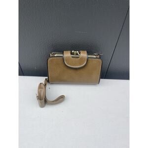 Vintage 80s Olive Mustard Leather Clutch Purse Womens Retro Wallet Handbag